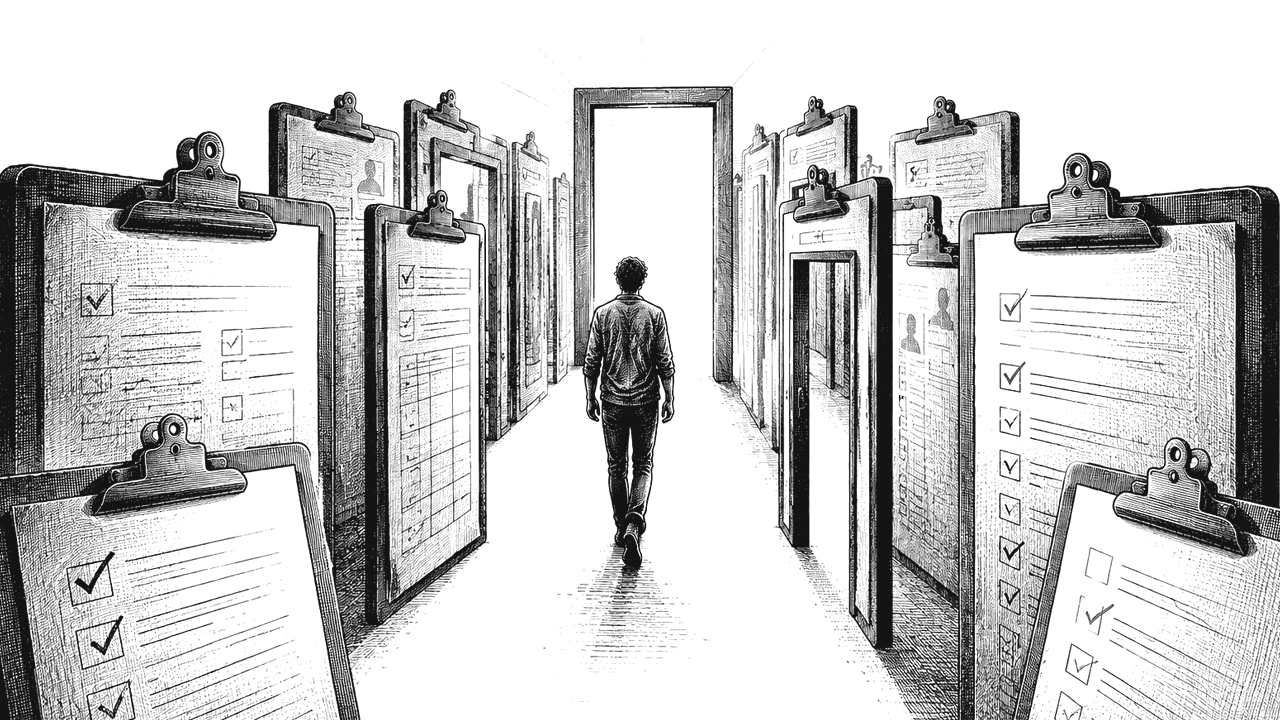 Una persona cammina dentro un corridoio fatto di enormi moduli con caselle da spuntare
