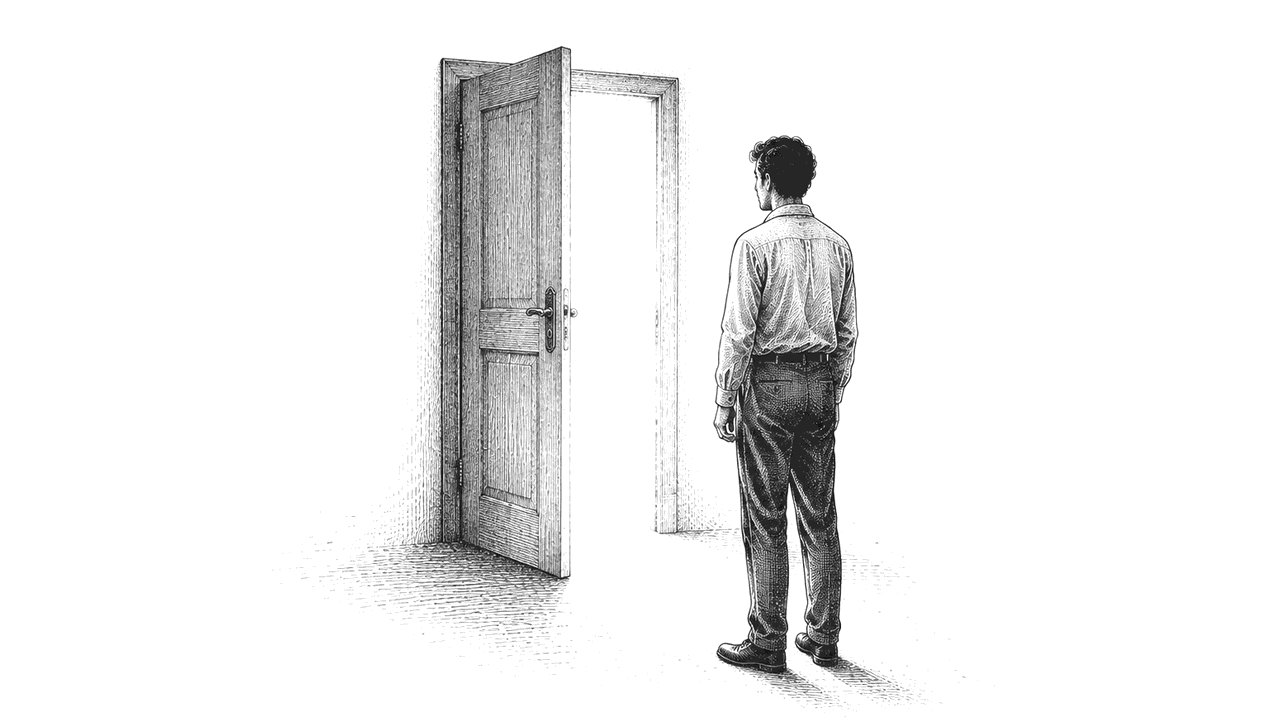 Una porta socchiusa, con la luce che passa, e davanti una persona ferma