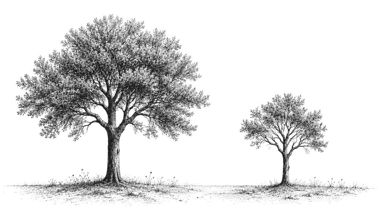 Due alberi identici nella forma, uno cresciuto e uno indietro di qualche anno
